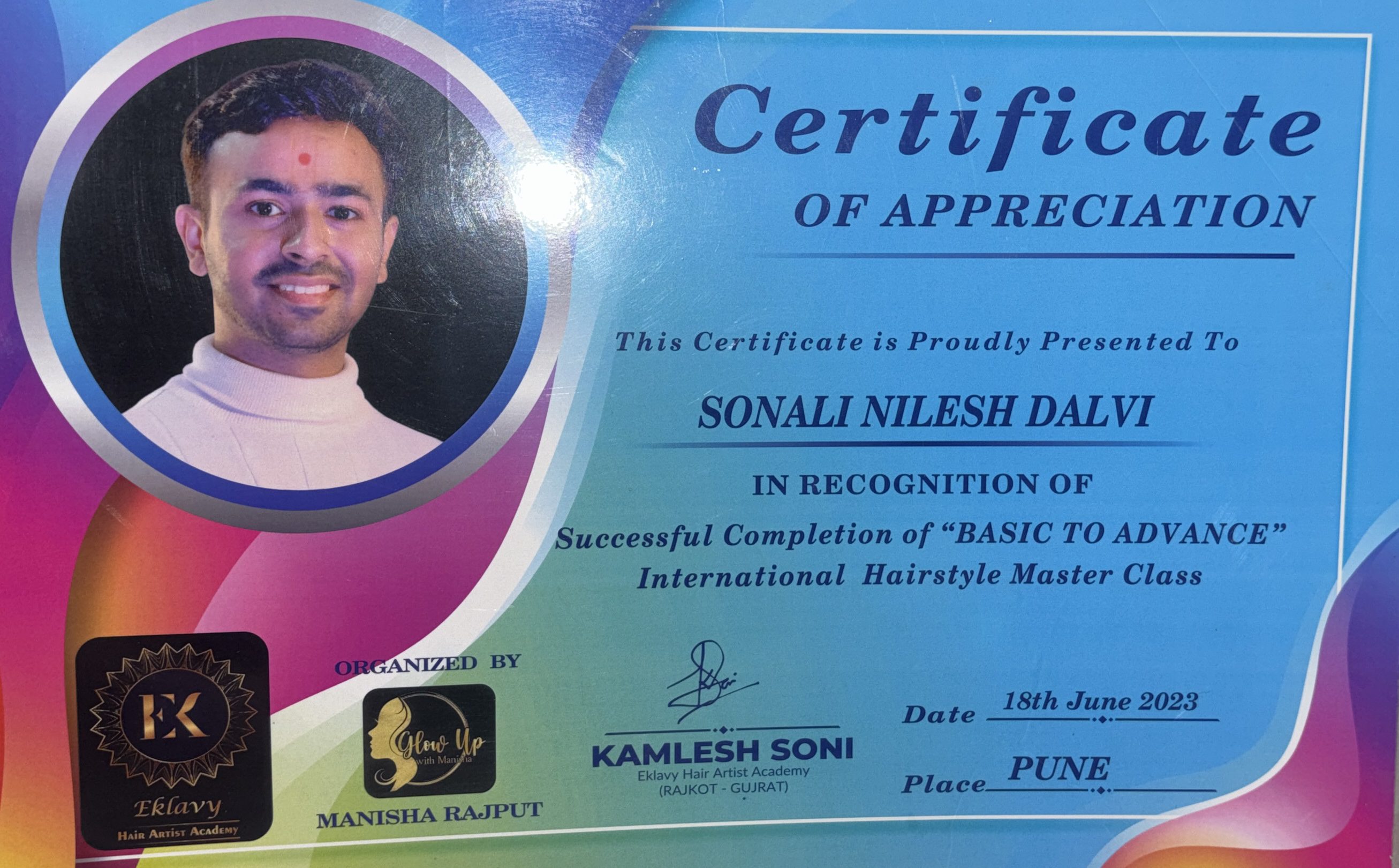 Professional hair styling certificate awarded to Sonali Dalvi by Eklavya Hair Artist Academy, Rajkot, Gujarat